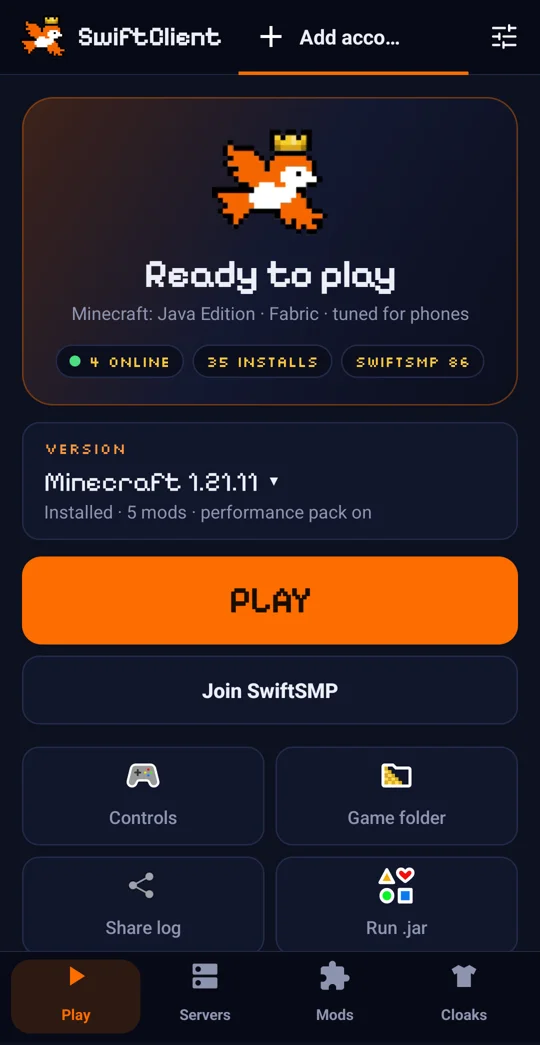 swiftclient on android, ready to play on minecraft 1.21.11