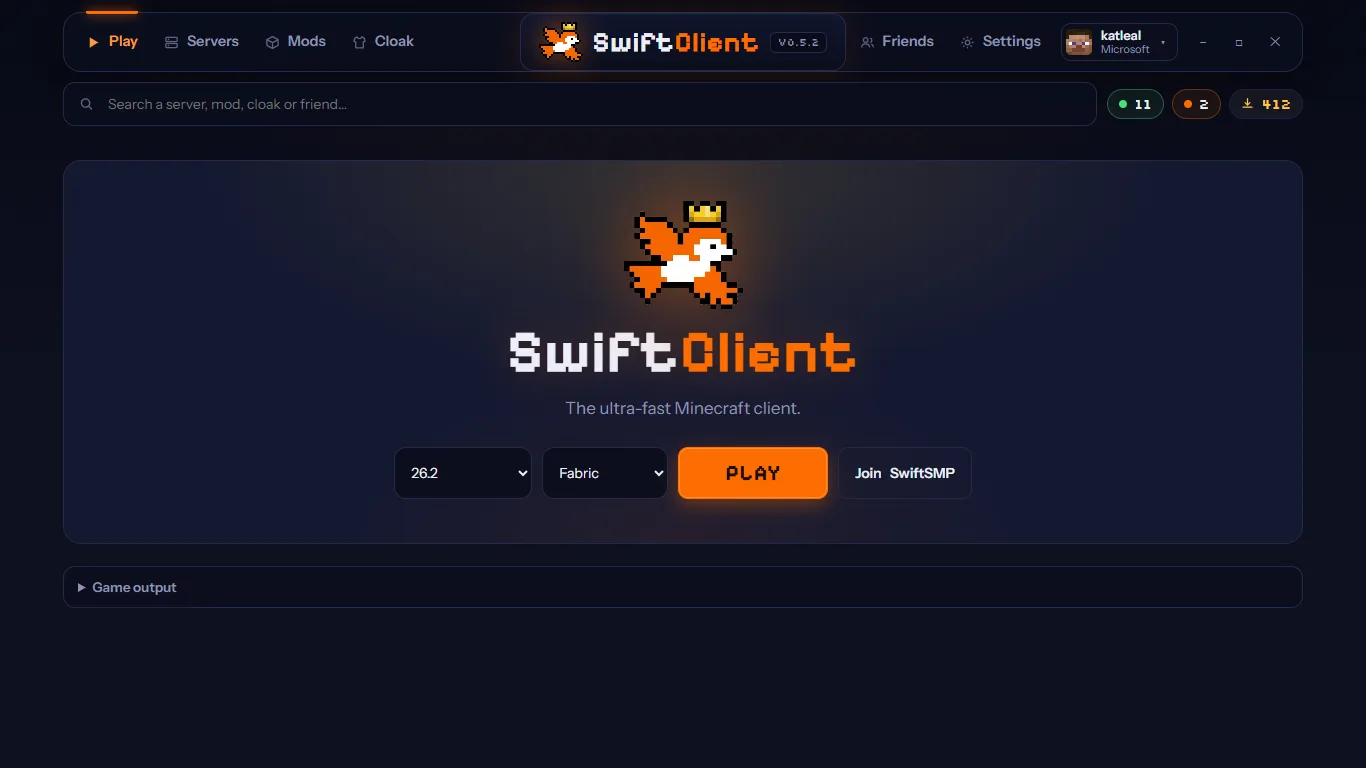 the swiftclient launcher showing its play screen, version selector and server button